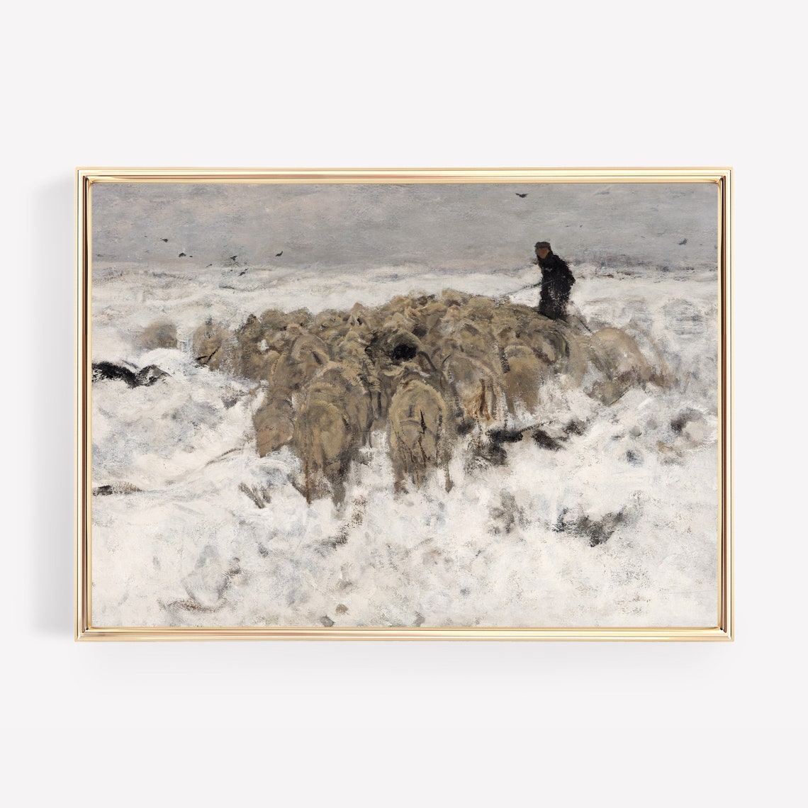 Shepherd Guiding Sheep Through Snow Classic Vintage Winter Art Print