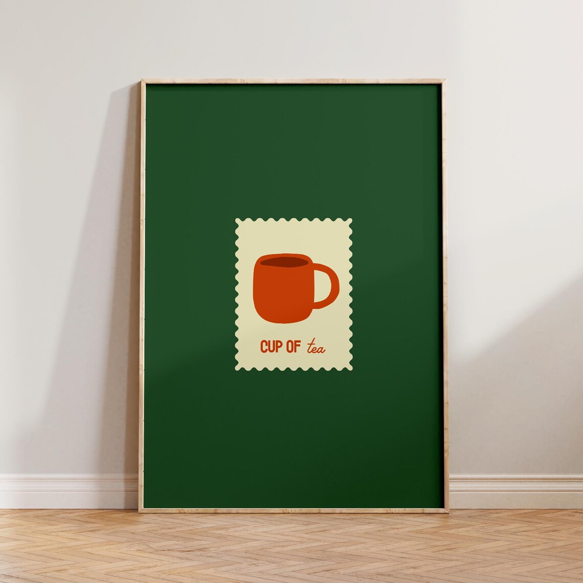 Cup of Tea Stamp Orange Mug Dark Green Minimalist Kitchen Art Print