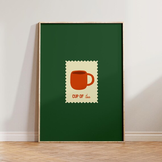 Cup of Tea Stamp Orange Mug Dark Green Minimalist Kitchen Art Print