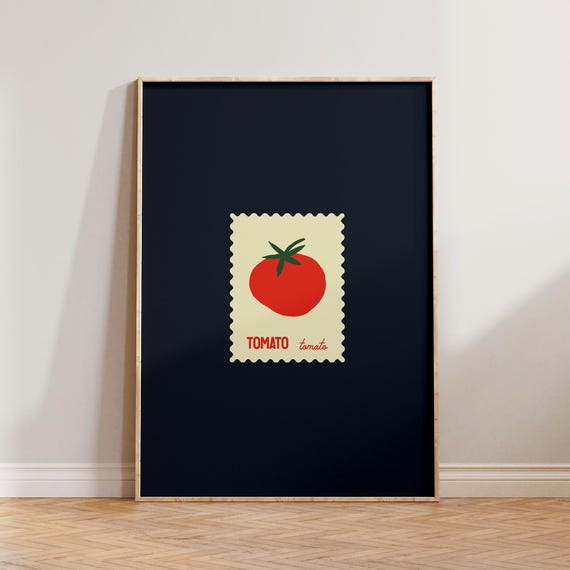 Retro Kitchen Wall Art Tomato Stamp Print Dark Blue Prints Restaurant Poster Food