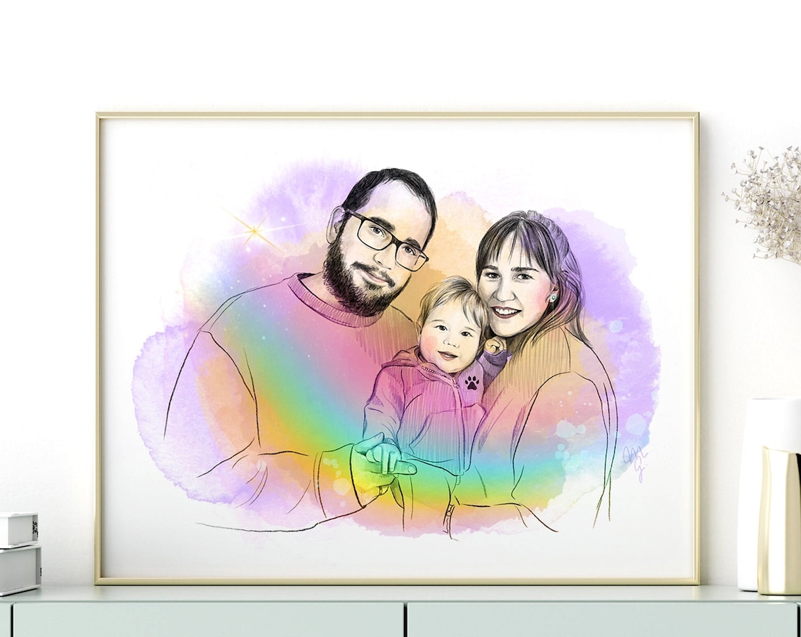 Custom Rainbow Watercolor Family Portrait Hand Drawn Art Poster