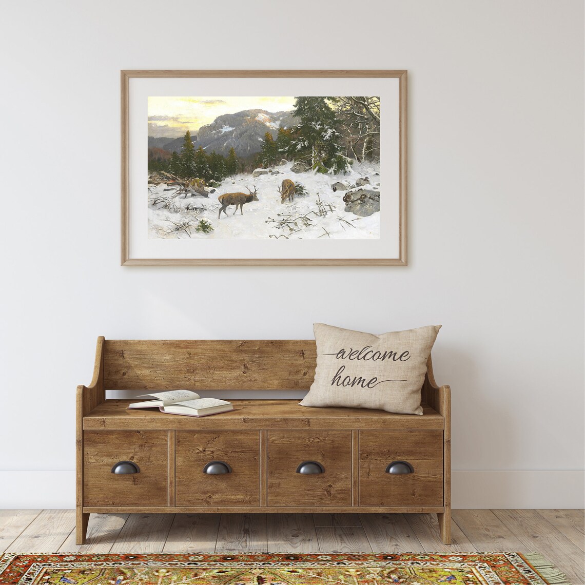Winter Landscape Painting Deer Mountain Scene Art Print - Image 2