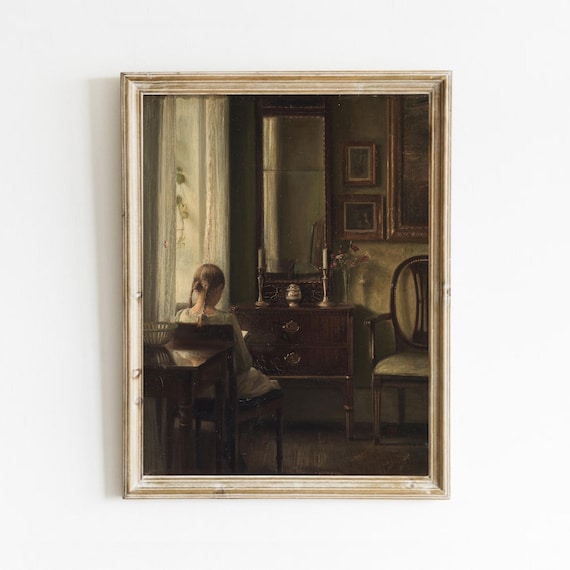 Young Girl Reading By A Window Quiet Vintage Interior Art Poster