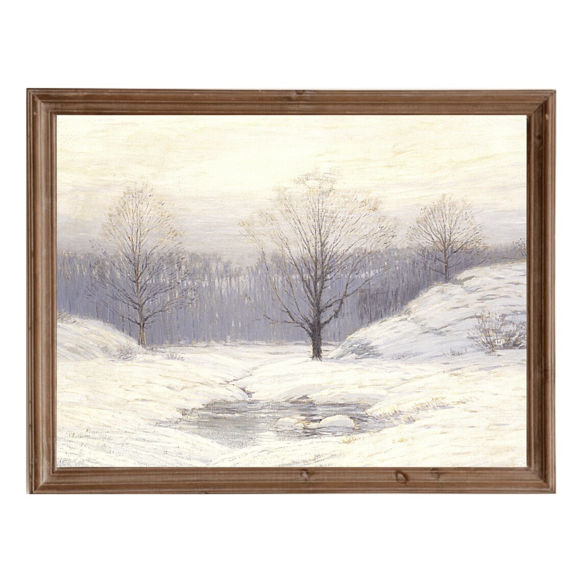 Snowy Winter Landscape Bare Trees Icy Stream Vintage Painting Poster