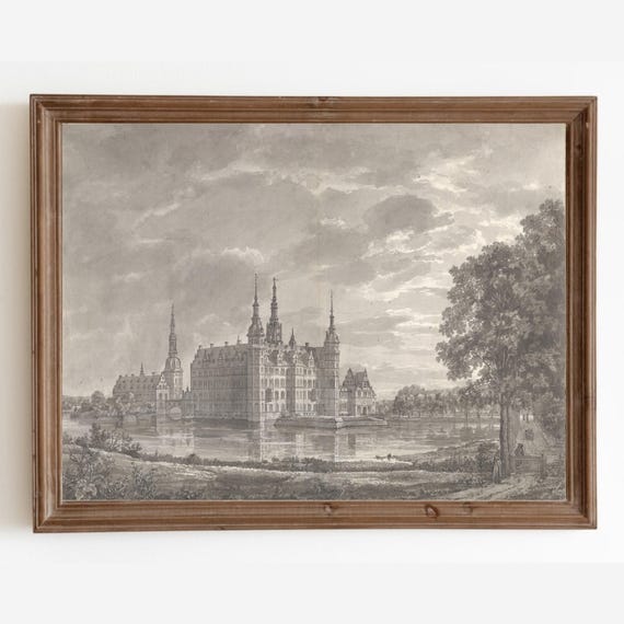 Vintage Castle Sketch Art Print, Antique Cityscape