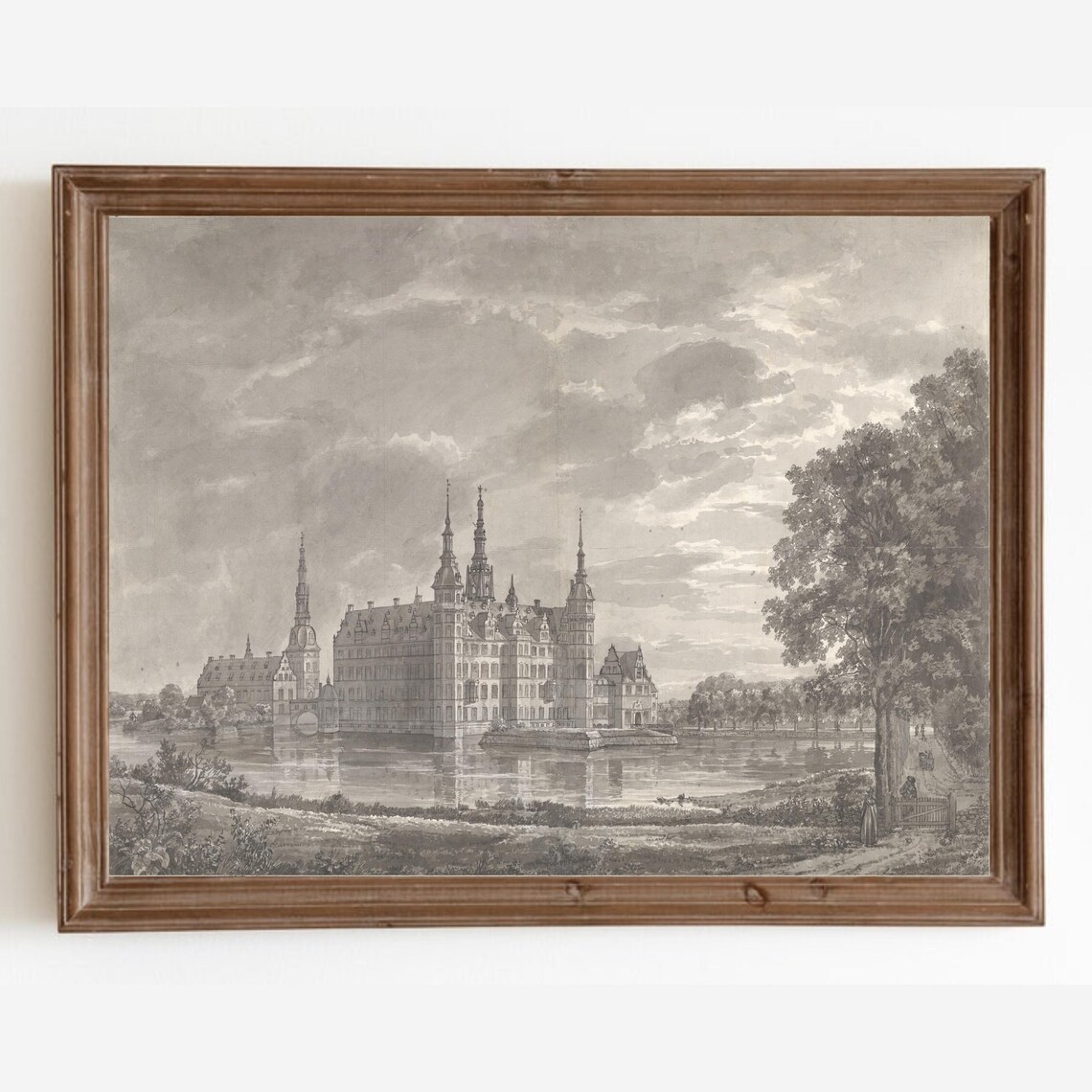 Vintage Castle Sketch Art Print, Antique Cityscape