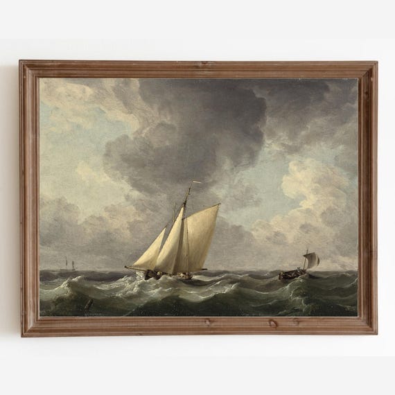 Vintage Ship Painting Seascape Painting Coastal Wall Art Antique Sailboat Art Print Nautical Wall Decor Art