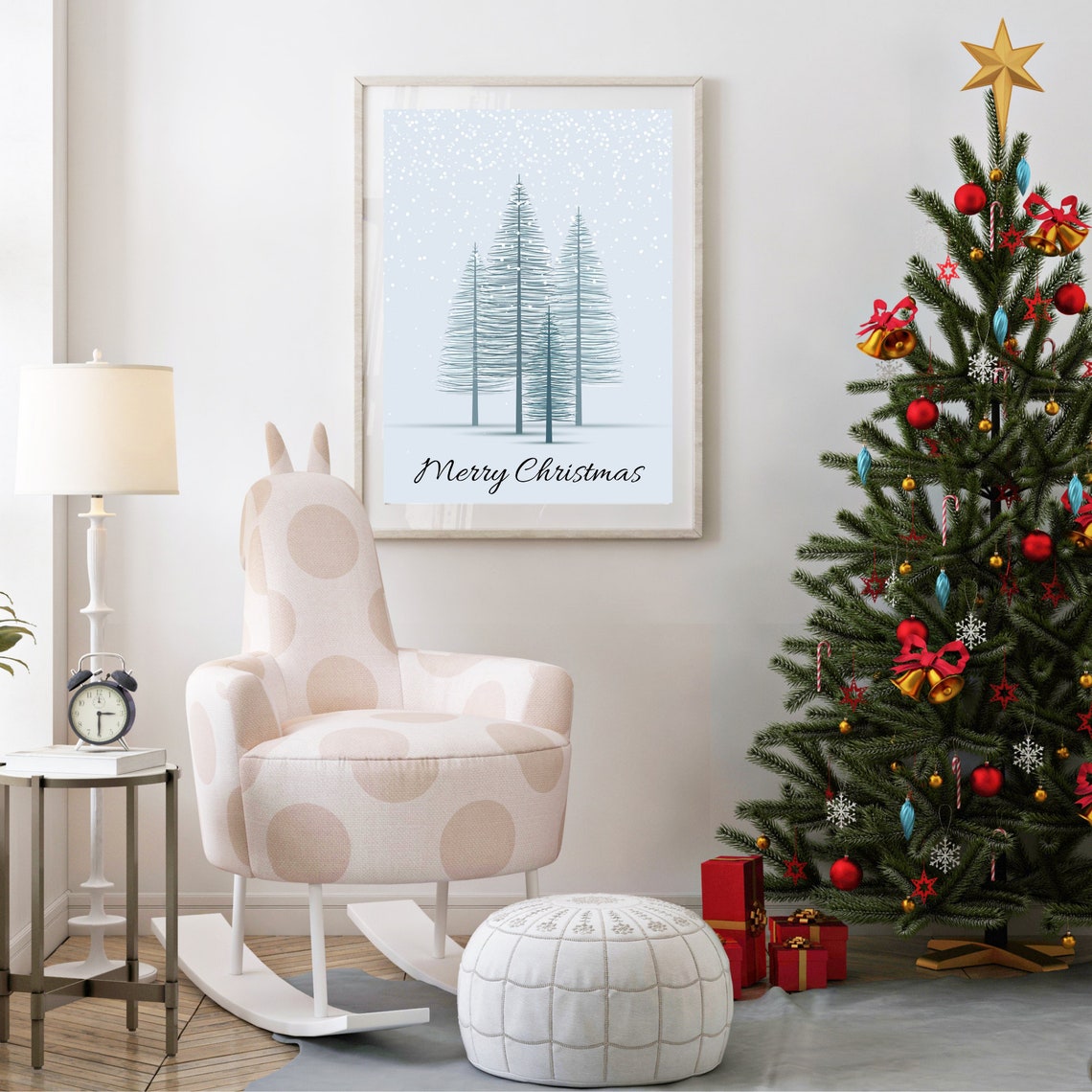 Merry Christmas Snowy Pine Forest Winter Night Holiday Scene Poster - Image 2