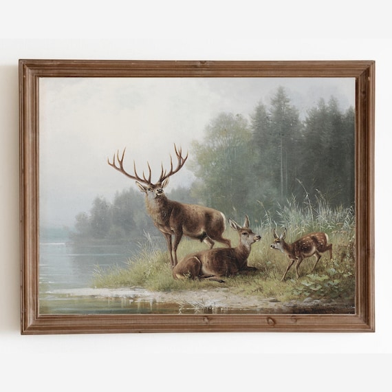 Rustic Deer Hunting Vintage Landscape Wall Art Print
