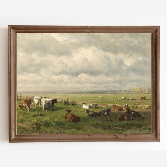 Meadow Landscape with Cow, Vintage Farmhouse Art Print