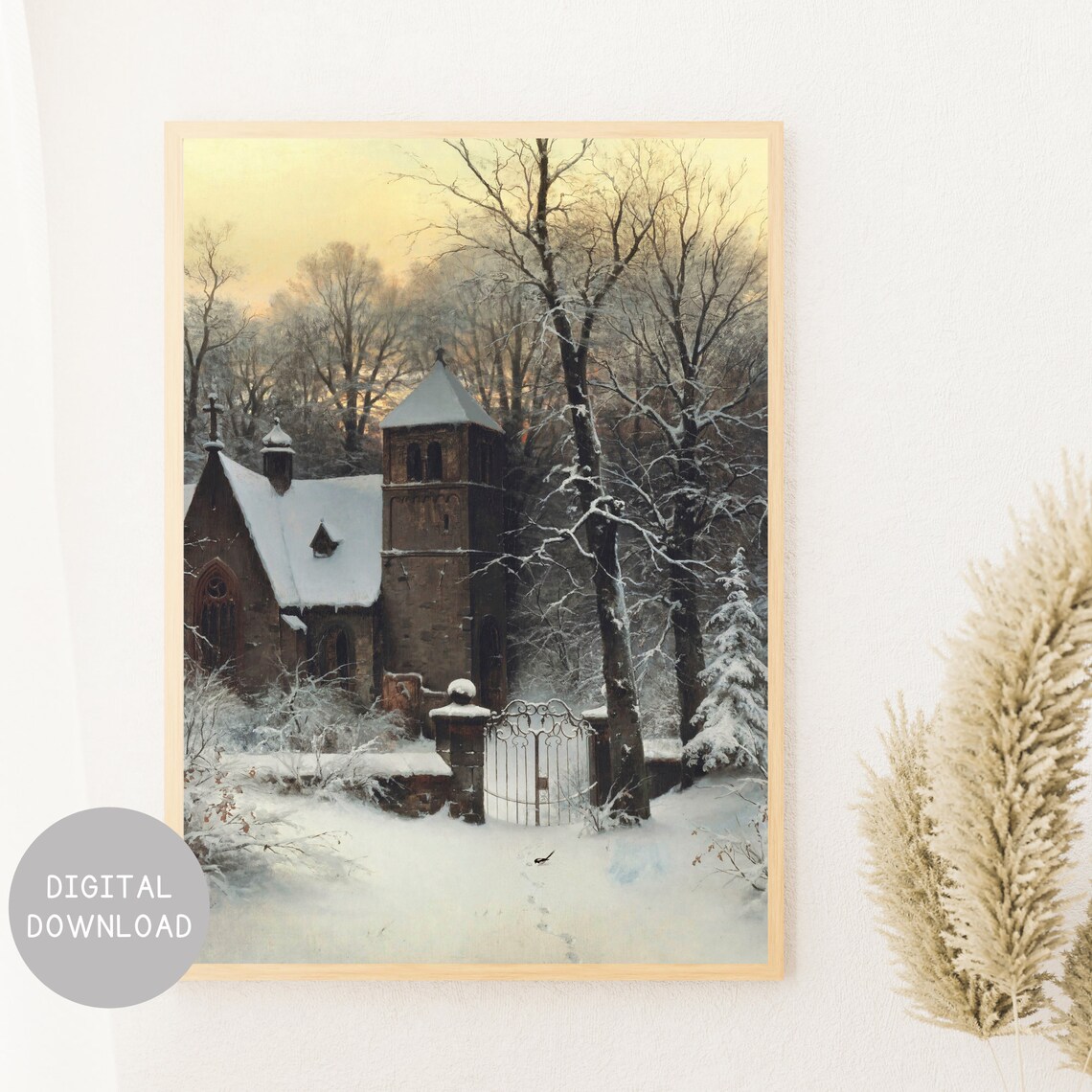 Snowy Church Vintage Winter Landscape Art Print - Image 2