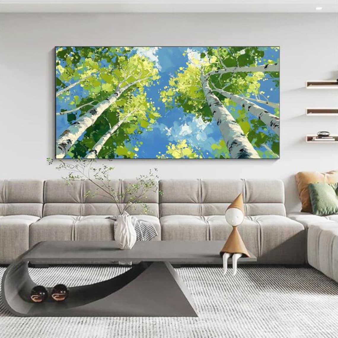 Green Birch Forest Abstract Oil Painting - Image 6