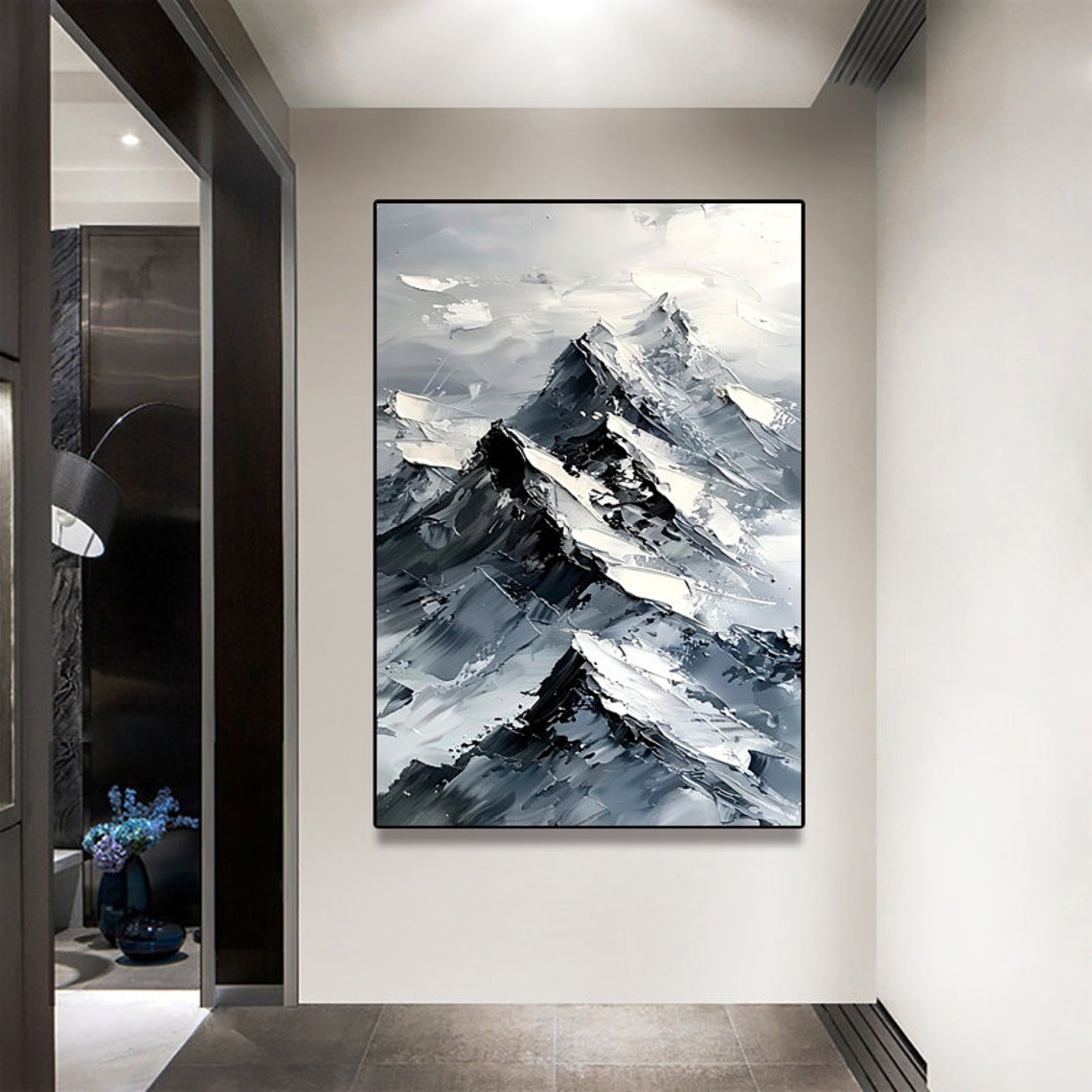 Black And White Snowy Mountain Peak Vertical Painting Poster - Image 4