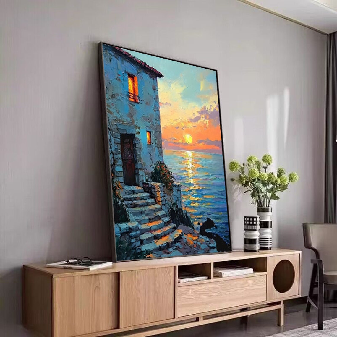 Mediterranean Stone Cottage Overlooking Sunset Seascape Poster - Image 5