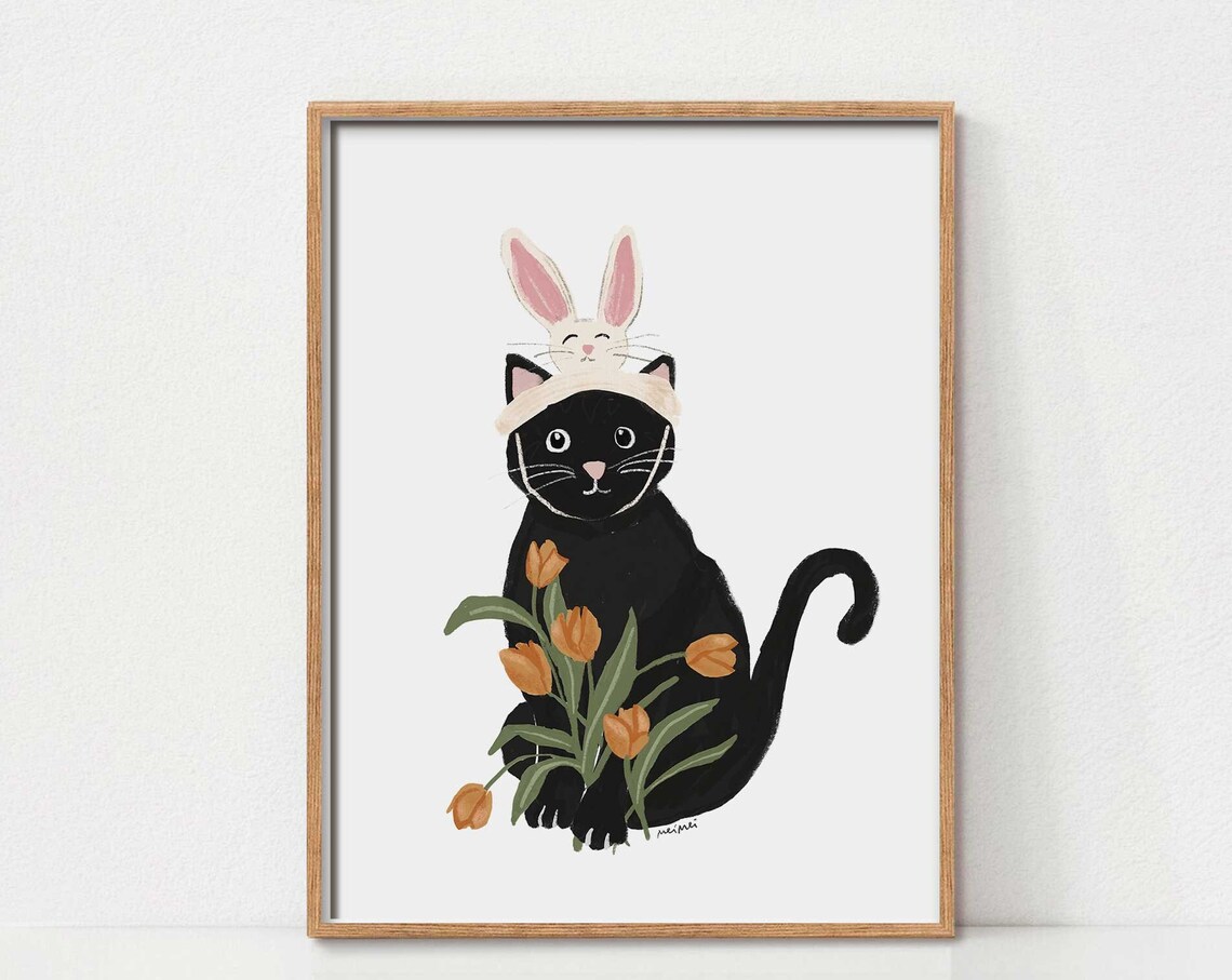 Easter Cat Decor, Cute Cat Nursery Art Print