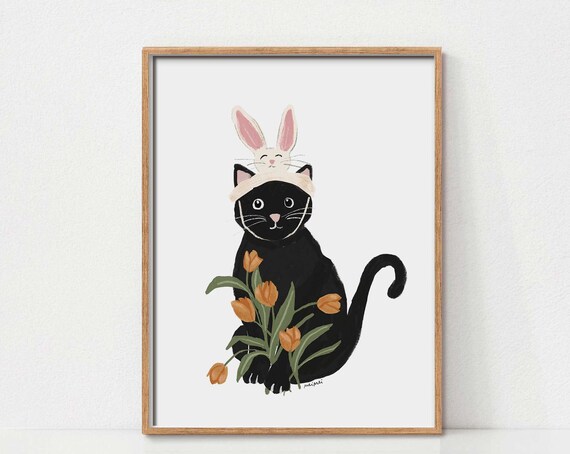 Easter Cat Decor, Cute Cat Nursery Art Print