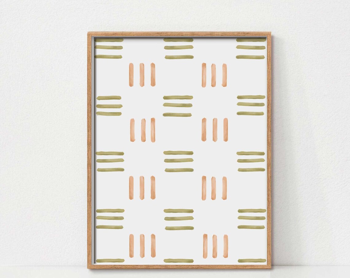 Modern Geometric Stripe Grid Pattern Sage Green Peach Abstract Art Poster