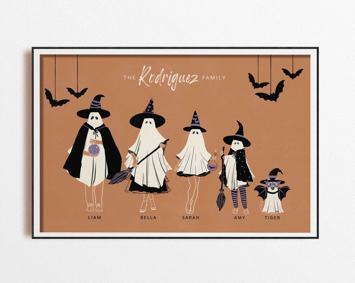 Halloween Ghost Family in Witch Costumes Personalized Portrait Poster