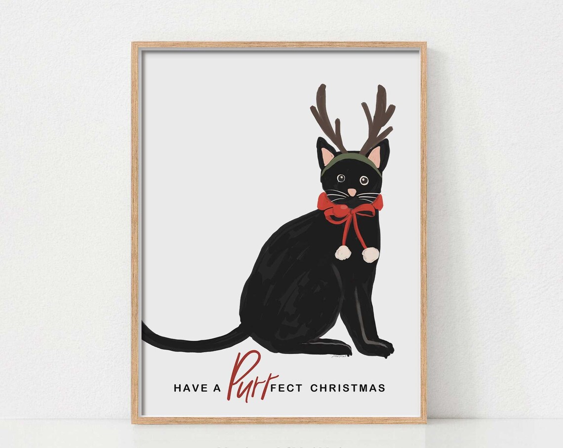 Cat Christmas Wall Art, Holiday Decor Poster
