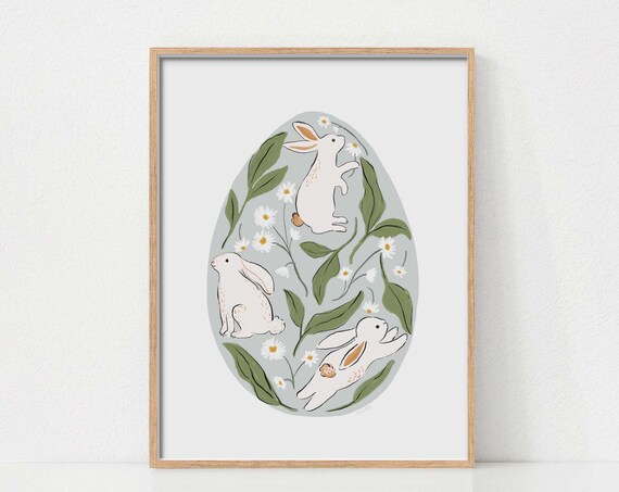 Three White Bunnies Inside Decorated Blue Easter Egg Spring Art Poster