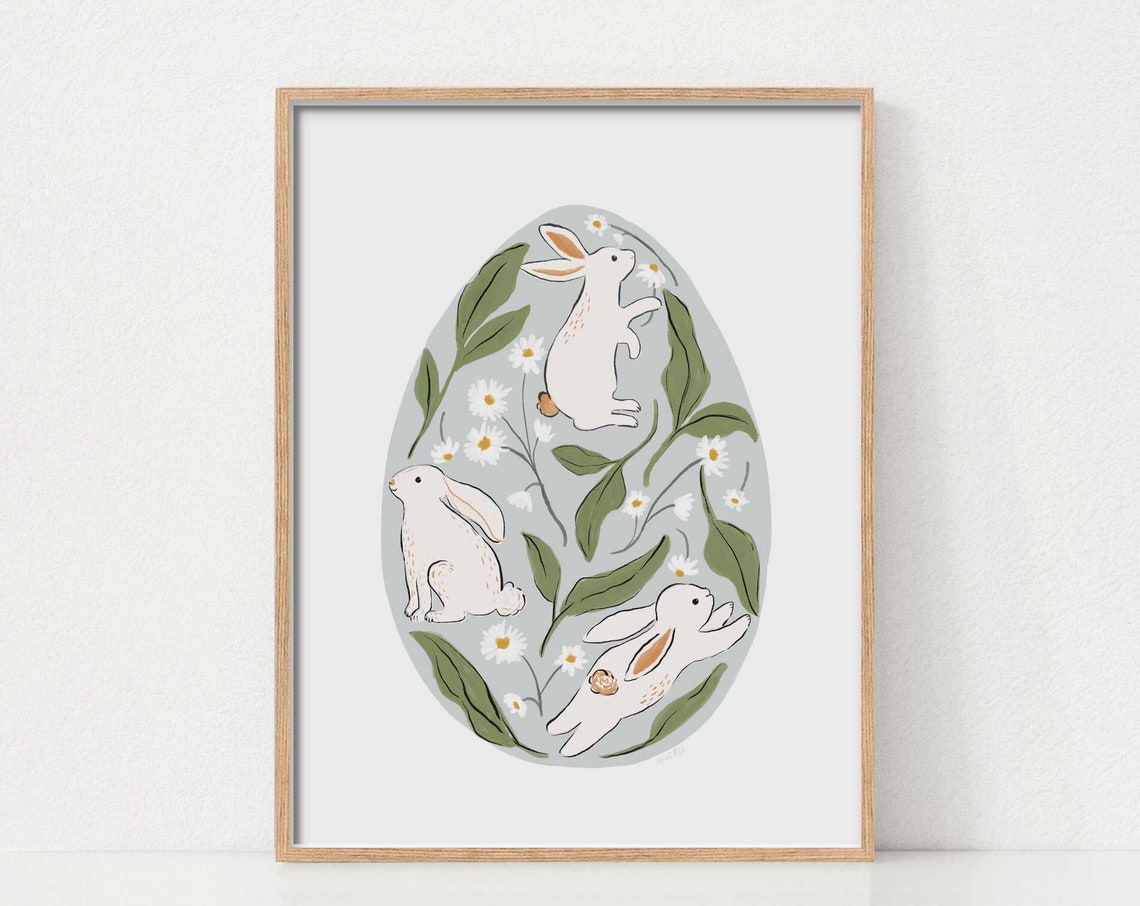 Three White Bunnies Inside Decorated Blue Easter Egg Spring Art Poster