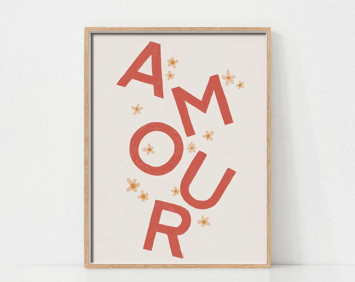 Amour French Love Word Art Terracotta Floral Typography Poster