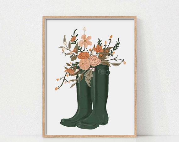 Fall Decor Wellies Boot Autumn Botanical Art Print
