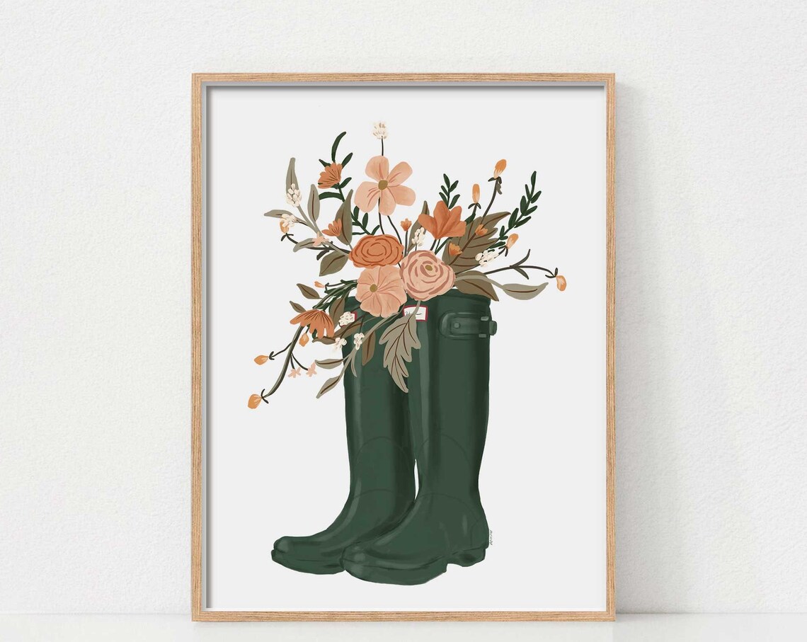 Fall Decor Wellies Boot Autumn Botanical Art Print