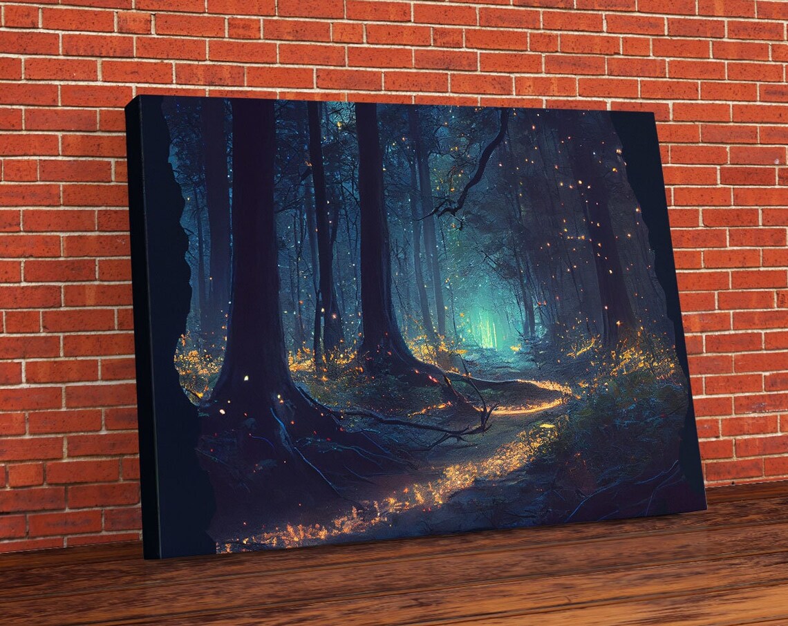 Enchanted Forest With Fireflies, Fantasy Art Print