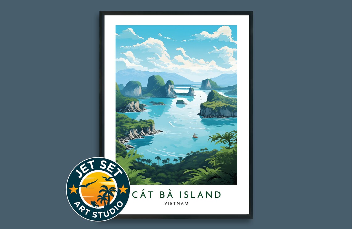 Cat Ba Island Vietnam Retro Travel Poster Tropical Bay Artwork