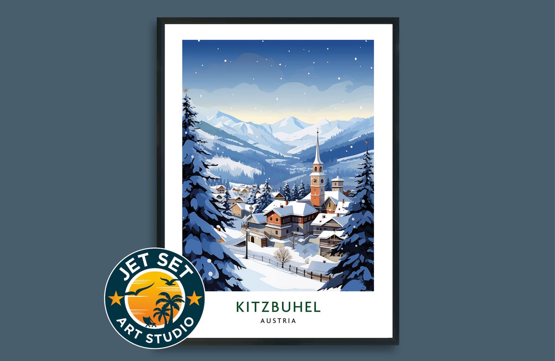 Kitzbuhel Austria Ski Travel Poster Snowy Alpine Village Winter Night Art