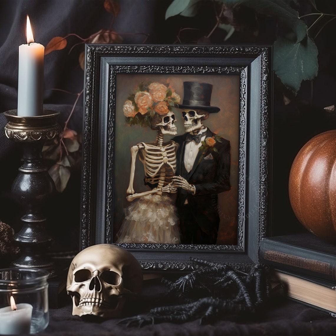 Skeleton Bride and Groom Wedding Portrait Vintage Halloween Wall Art - Image 6