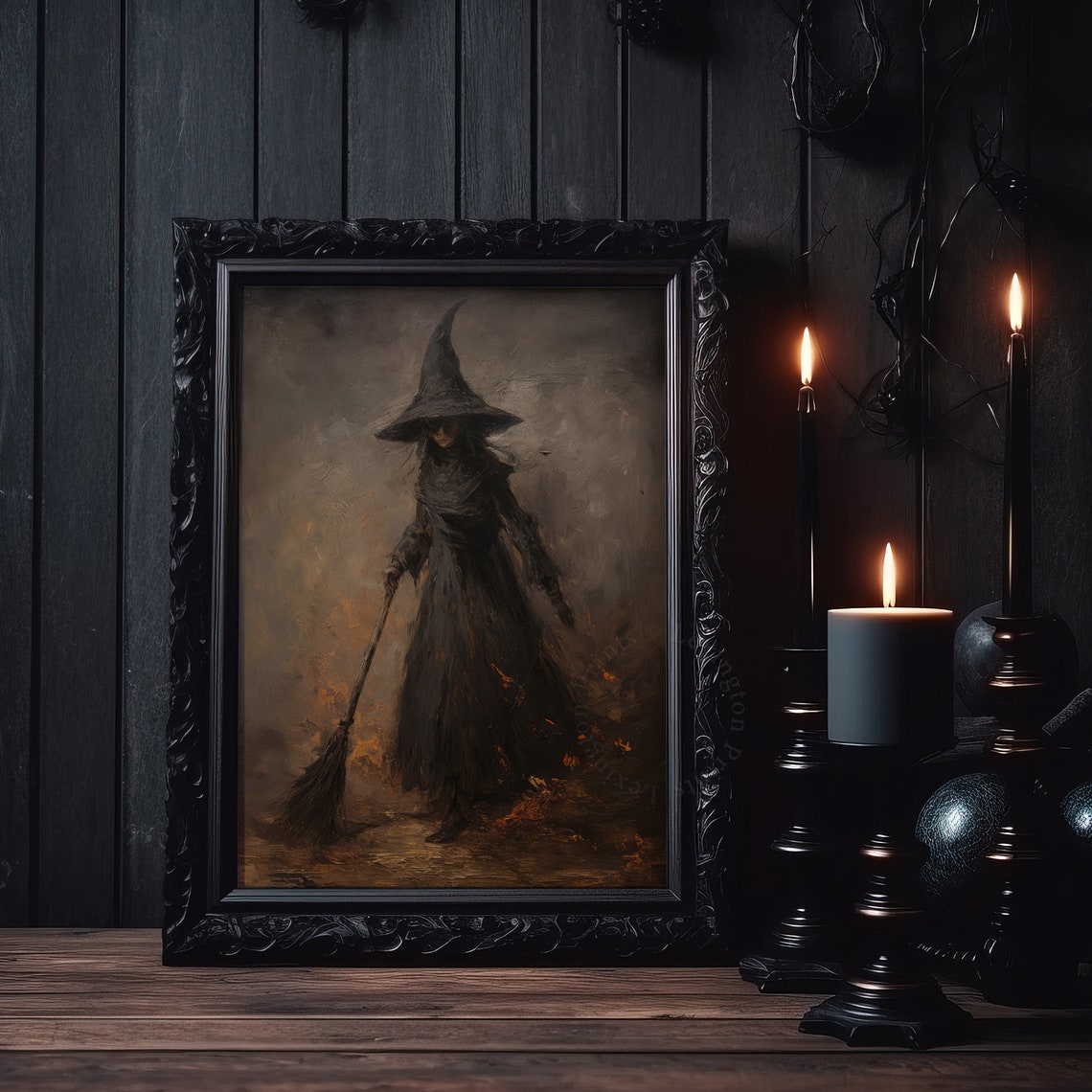 Dark Witch In Cloak Holding Broomstick Moody Halloween Oil Poster - Image 6