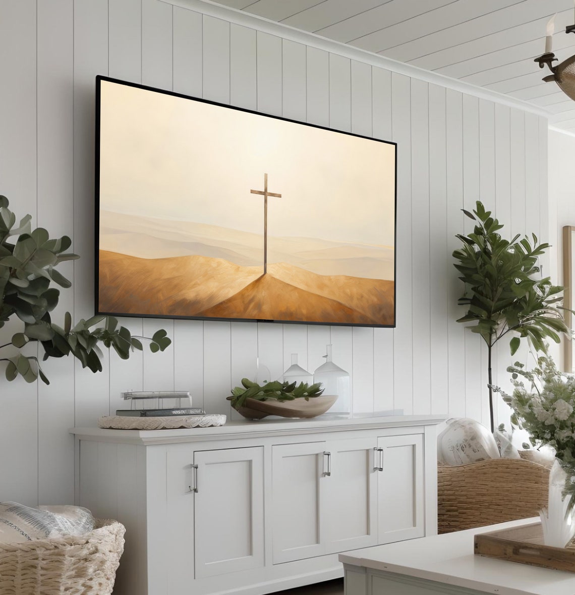Golden Sunrise Cross on Hill Minimalist Christian Art Poster - Image 3