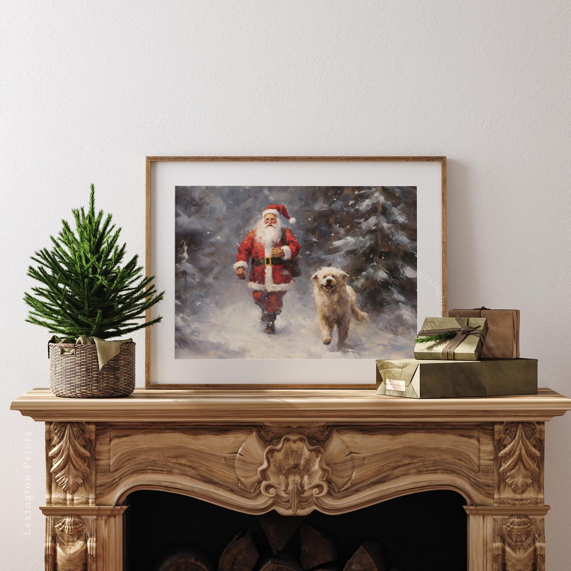 Santa Walking With Dog Painting Vintage Christmas Wall Art Christmas Santa Print Christmas Holiday Winter Print Forest Wall Art Santa 409 - Image 3