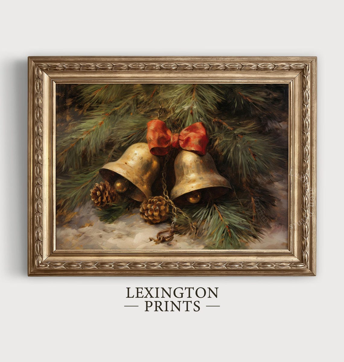 Vintage Brass Christmas Bells Pinecones Red Bow Rustic Wall Art - Image 5