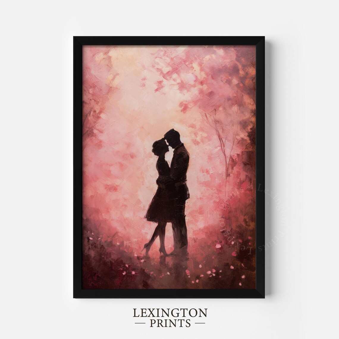 Romantic Couple Silhouette Kiss Pink Blossom Oil Painting Love Poster - Image 5