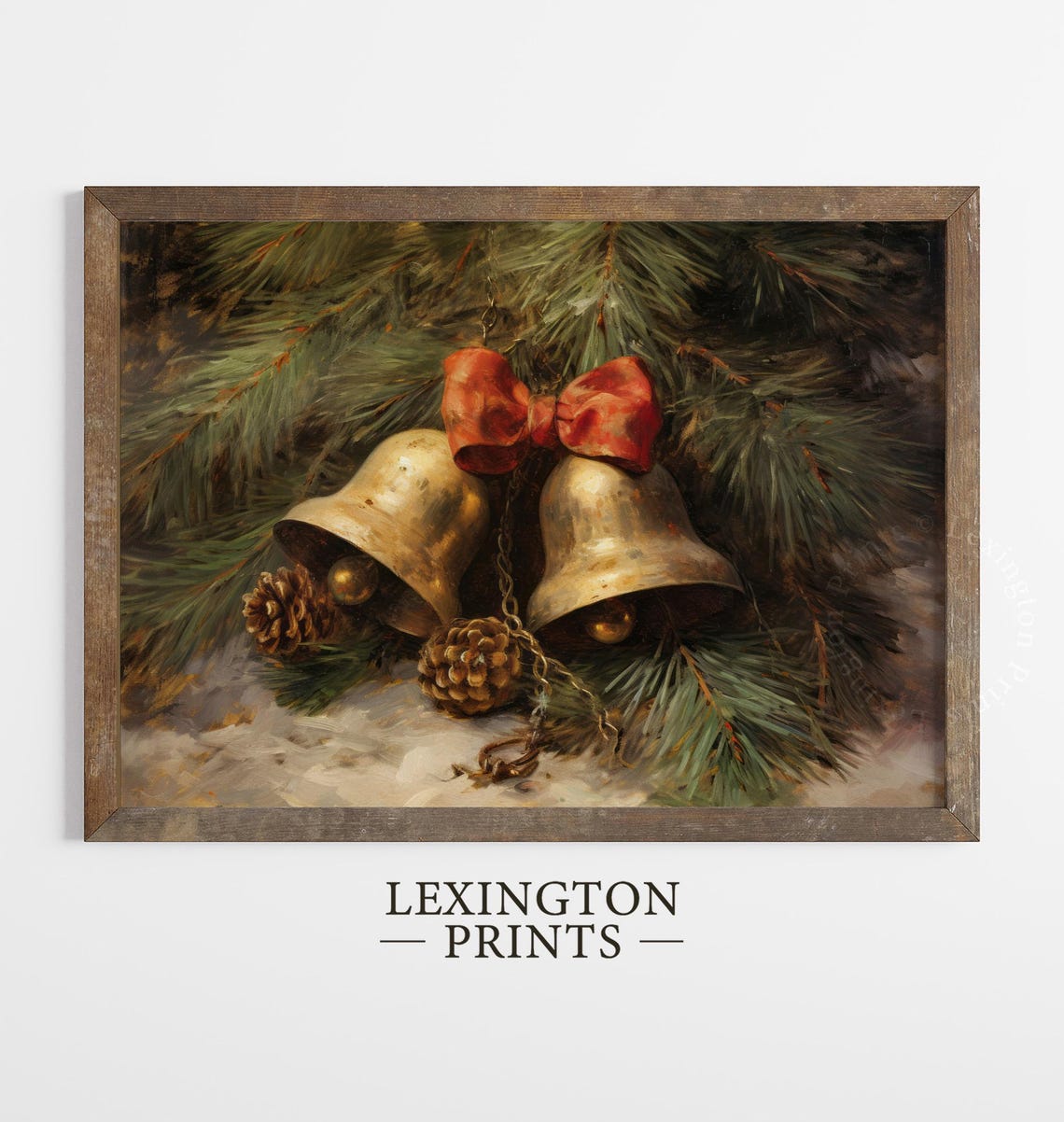 Vintage Brass Christmas Bells Pinecones Red Bow Rustic Wall Art - Image 2