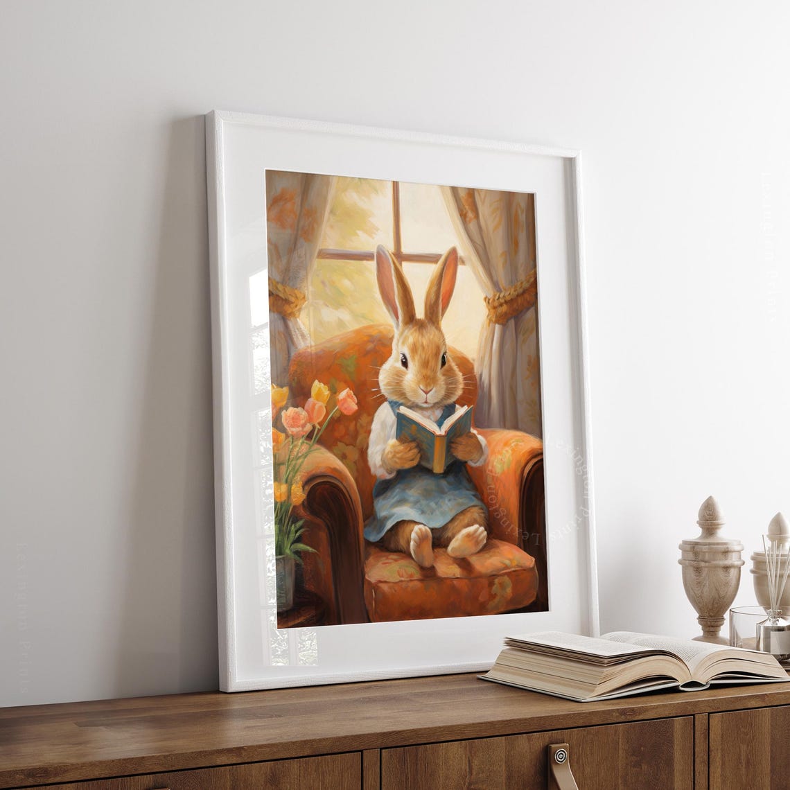 Easter Bunny Reading Book in Armchair with Tulips Vintage Wall Art - Image 5