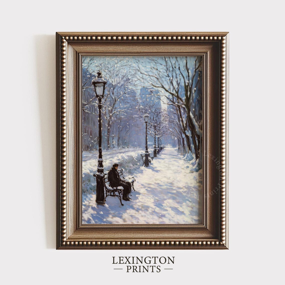 Snowy Park Path Winter Lamppost Bench Impressionist City Park Poster - Image 6