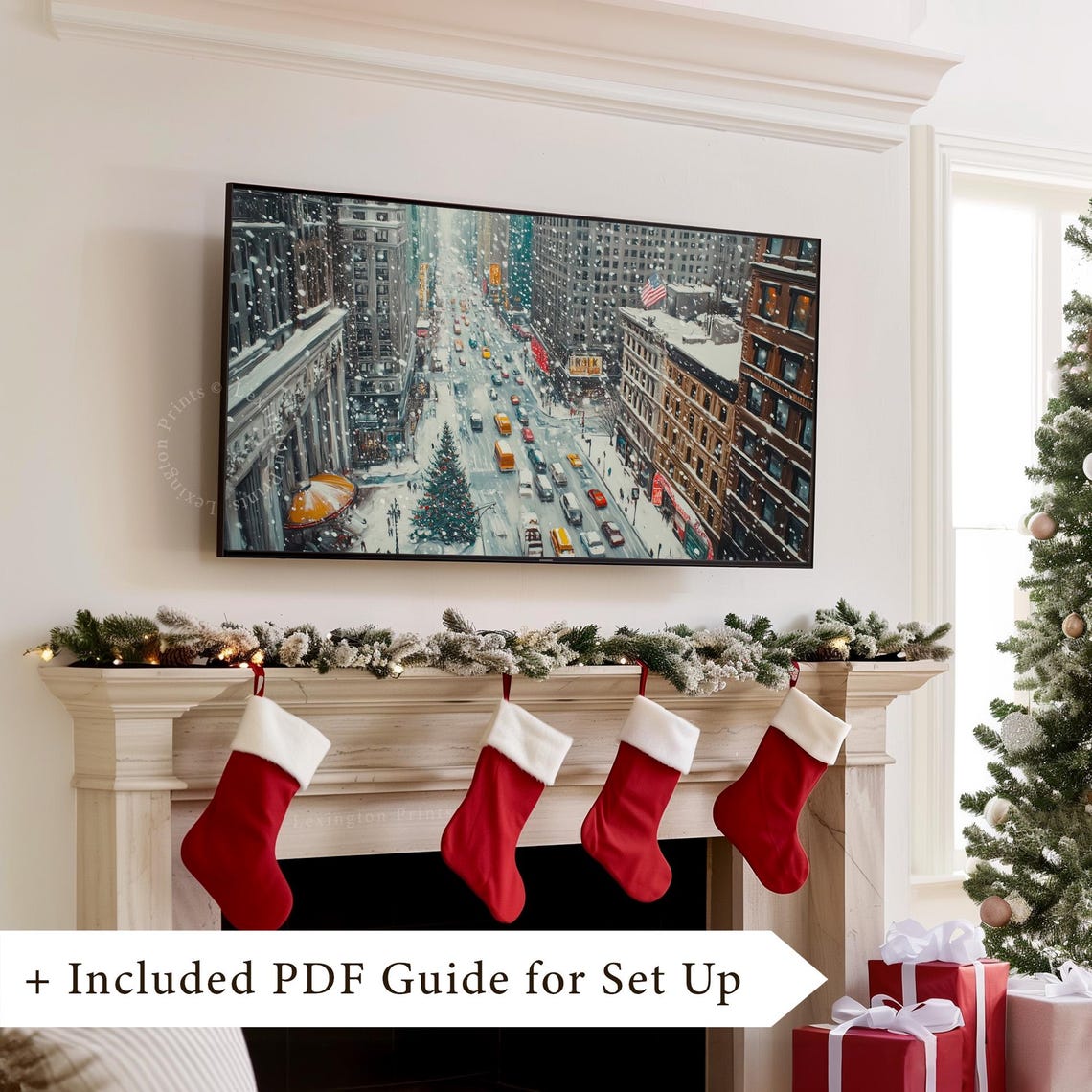 Snowy City Street with Yellow Cabs American Flag Frame TV Art Poster - Image 8