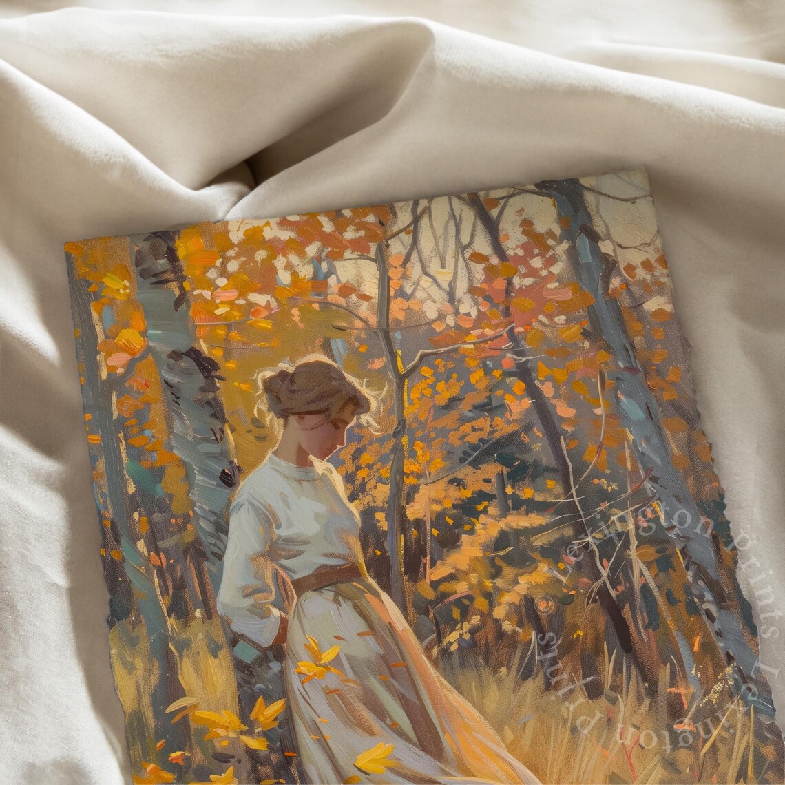 Woman Autumn Birch Forest Golden Vintage Moody Fall Painting Poster - Image 7