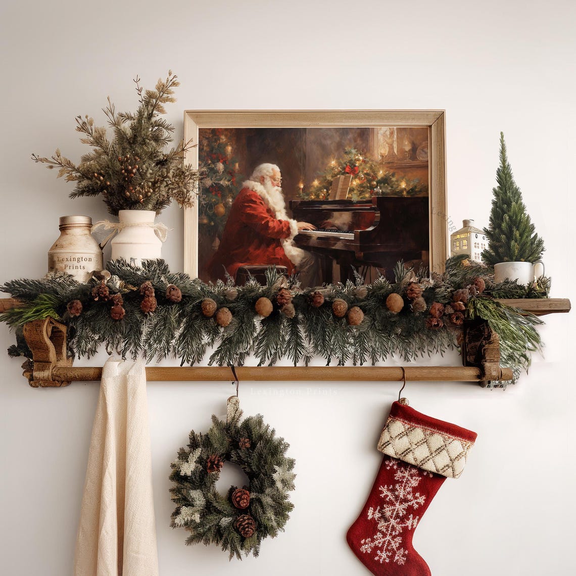 Santa Claus Playing Piano Christmas Tree Vintage Holiday Poster - Image 7