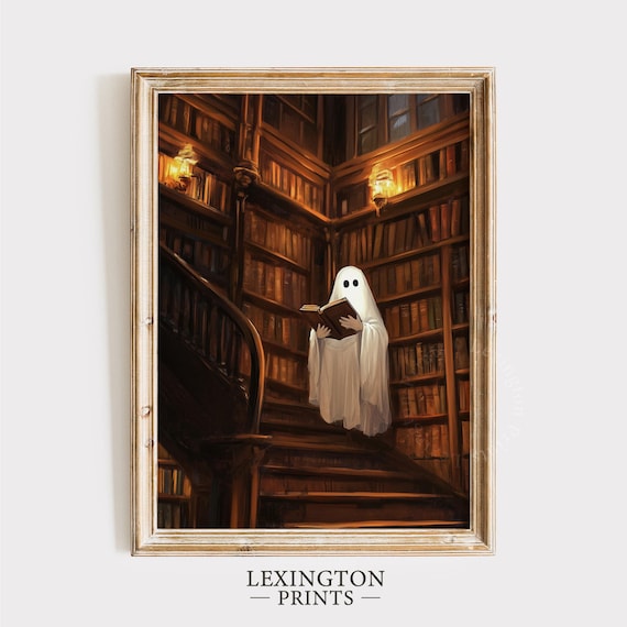 Cute Ghost Reading Book in Spooky Library Halloween Vintage Wall Art