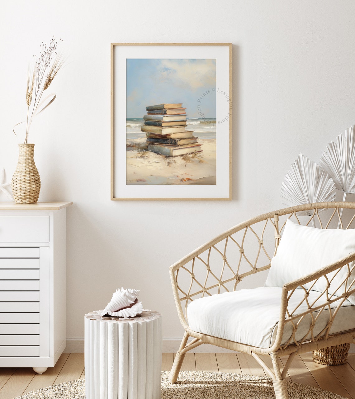 Stack of Vintage Books on Sandy Beach Ocean Painting Wall Art - Image 4