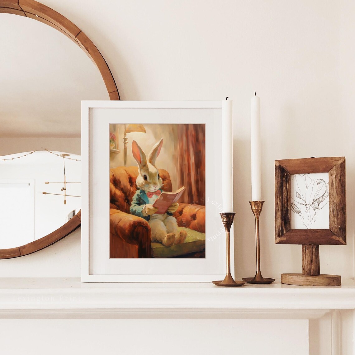 Dapper Rabbit Reading a Book in Leather Armchair Vintage Storybook Poster - Image 3
