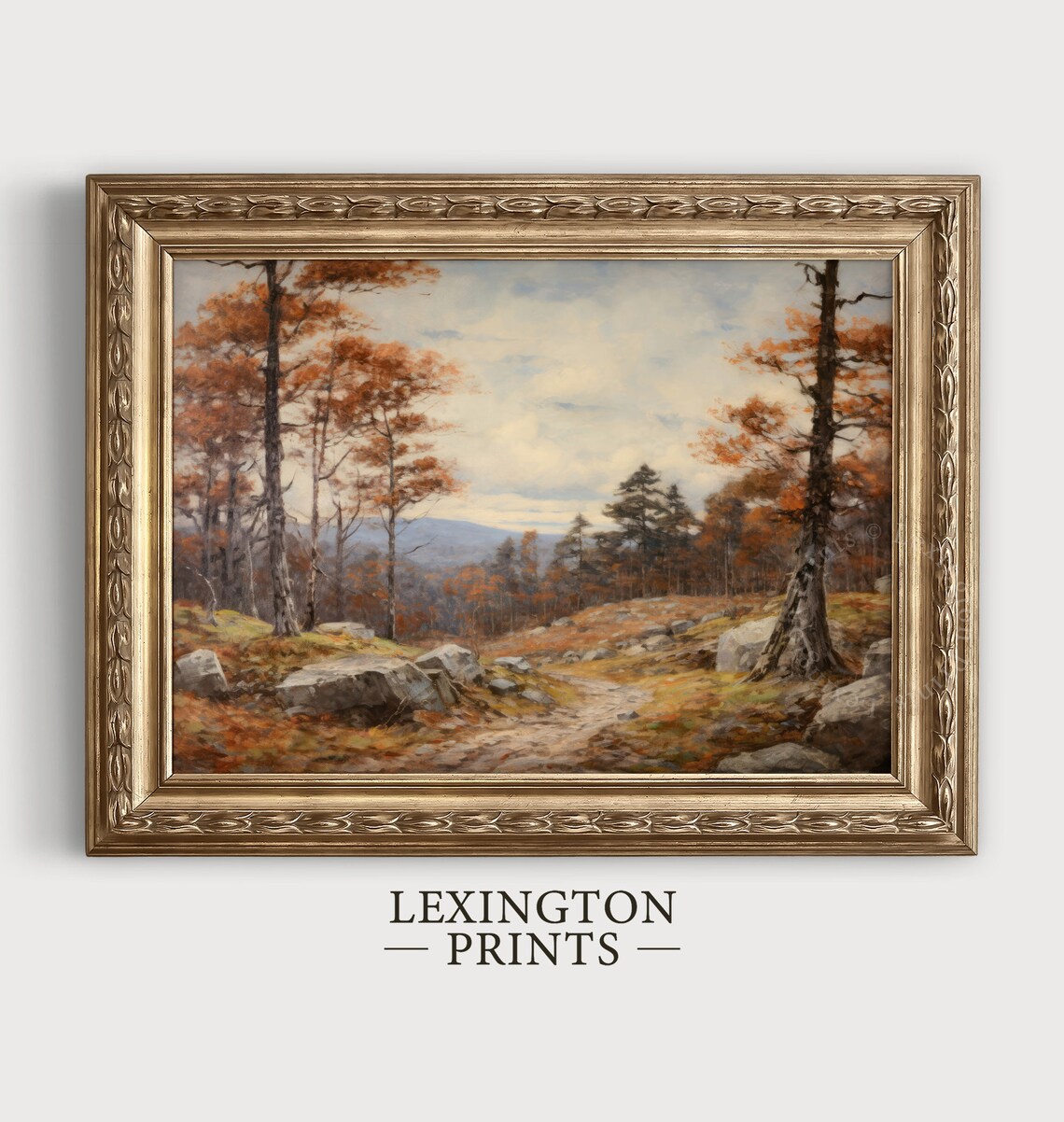 Rocky Autumn Path Through Orange Pine Forest Mountain View Landscape Poster - Image 2