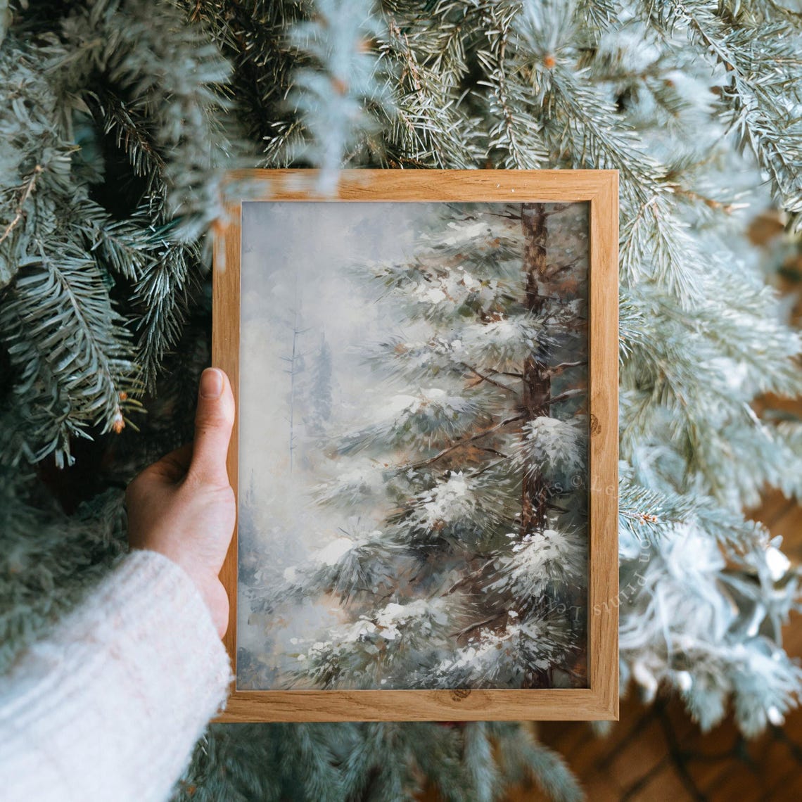 Snow Covered Pine Tree Branches Misty Winter Forest Close Up Poster - Image 8