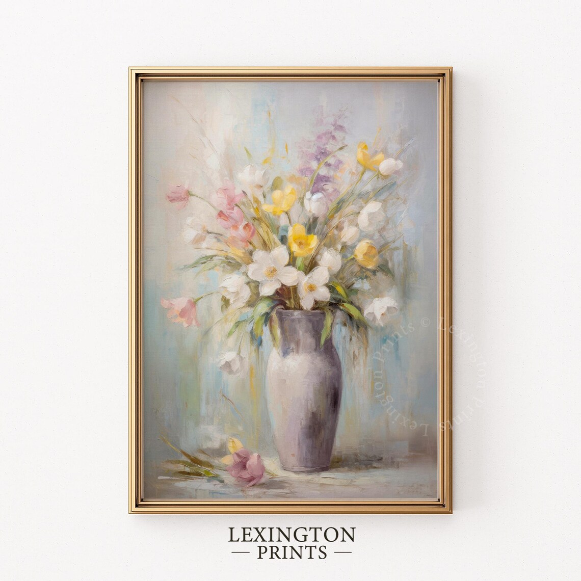 Pastel Spring Flowers Still Life Grey Vase Soft Impressionist Floral Poster - Image 5