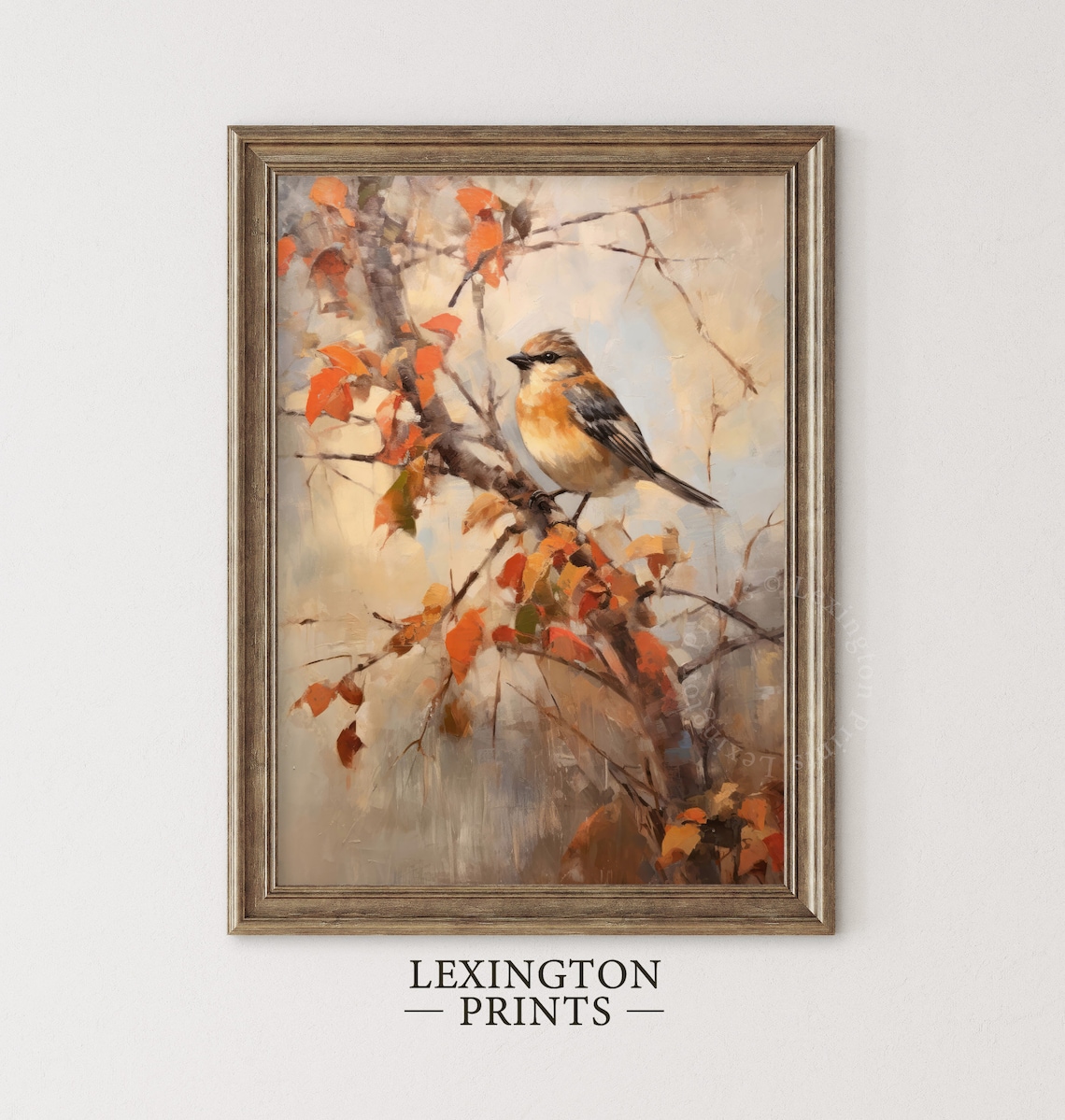 Autumn Songbird Orange Leaves Branch Vintage Bird Painting Poster - Image 2